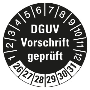 Prüfplaketten schwarz Ø 30 mm "DGUV Vorschrift geprüft" 10 Stück/Bogen