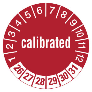 Prüfplaketten rot Ø 30 mm "calibrated" aus PVC-Folie 10 Stück/Bogen