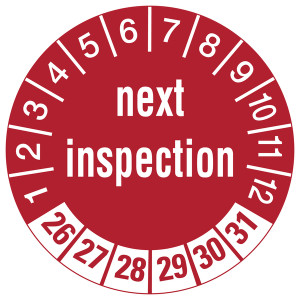 Prüfplaketten rot Ø 30 mm "next inspection" aus PVC-Folie 10 Stück/Bogen