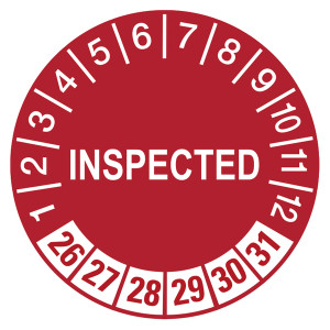 Mehrjahresprüfplakette "INSPECTED" Rot Ø 30 mm 10 Stück/Bogen