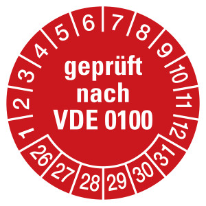 Prüfplaketten rot Ø 30 mm "geprüft nach VDE 0100" aus PVC-Folie 10 Stück/Bogen