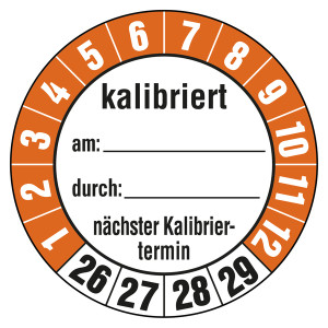 Prüfplaketten Ø 35 mm "kalibriert am, durch, nächster Kalibriertermin" 10 Stück/Bogen
