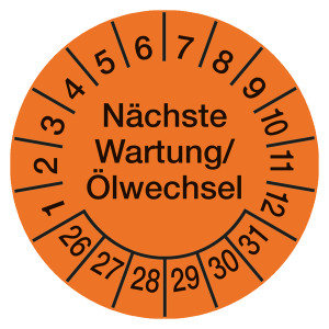 Prüfplaketten orange Ø 30 mm "Nächste Wartung/Ölwechsel" aus PVC-Folie 10 Stück/Bogen