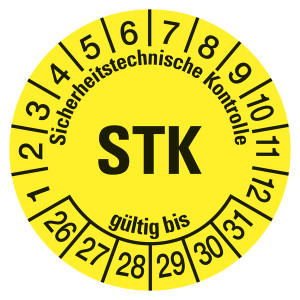 Prüfplaketten gelb Ø 30 mm "STK Sicherheitstechnische Kontrolle" aus PVC-Folie 10 Stück/Bogen