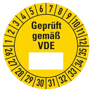 Prüfplaketten gelb Ø 30 mm "Geprüft gemäß VDE" aus PVC-Folie 10 Stück/Bogen