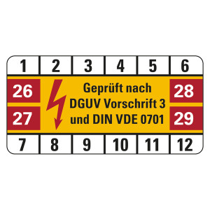 Prüfplaketten 50 x 25 mm "Geprüft nach DGUV Vorschrift 3 und DIN VDE 0701" aus PVC-Folie 10 Stück/Bogen