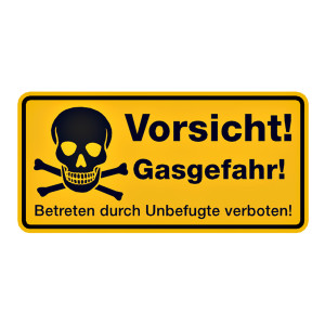 Hinweisschild "Vorsicht! Gasgefahr! Betreten durch Unbefugte verboten" Aluminium geprägt und gelocht 350 x 170 mm