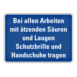 Hinweisschild "Bei Arbeiten mit Säuren u. Laugen Schutzbrille Handschuhe tragen" Aluminium geprägt und gelocht
