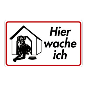 Grundstücksschild "Hier wache ich - Hund mit Hundehütte" Aluminium geprägt und gelocht 200 x 120 mm