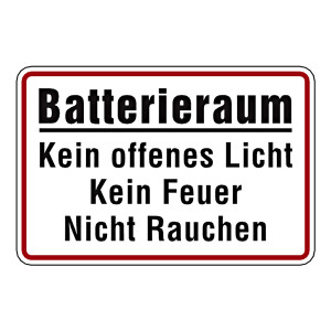 Hinweisschild "Batterieraum Kein offenes Licht Kein Feuer Nicht Rauchen" Aluminium geprägt und gelocht