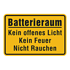 Hinweisschild gelb "Batterieraum Kein offenes Licht Kein Feuer Nicht Rauchen" Kunststoff 300 x 200 mm
