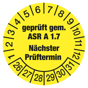 Prüfplaketten gelb Ø 30 mm "geprüft gem. ASR A 1.7 Nächster Prüftermin" aus PVC-Folie 10 Stück/Bogen