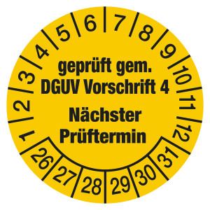 Prüfplaketten gelb Ø 30 mm "geprüft gem. DGUV Vorschrift 4 Nächster Prüftermin" aus PVC-Folie 10 Stück/Bogen