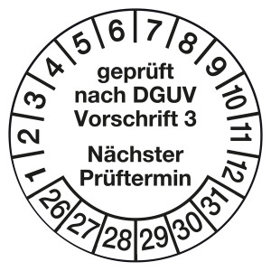 Prüfplaketten Ø 20 oder 30 mm "geprüft nach DGUV Vorschrift 3 Nächster Prüftermin" 10 Stück/Bogen
