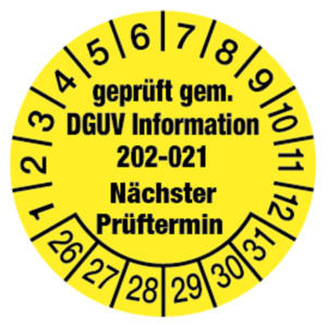 Prüfplaketten gelb Ø 30 mm "geprüft gem. DGUV Information 202-021 Nächster Prüftermin" 10 Stück/Bogen