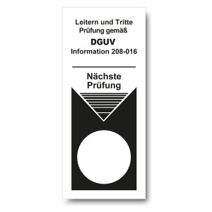 Grundplakette weiß "Leitern und Tritte Prüfung gemäß DGUV Information 208-016 Nächste Prüfung" Folie, 40 x 100 mm, 100 Stück/Rolle