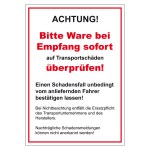 Paketaufkleber Achtung! Bitte Ware bei Empfang sofort überprüfen