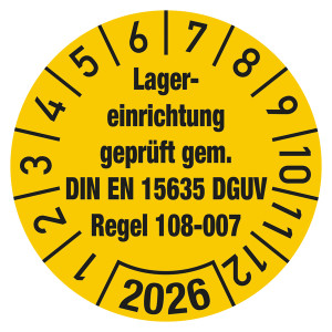 Prüfplaketten Ø 30 mm "Lagereinrichtung geprüft gem. DIN EN 15635 DGUV Regel 108-007" aus PVC-Folie 10 Stück/Bogen