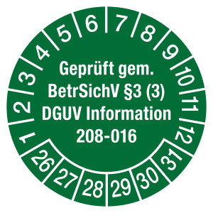 Prüfplaketten grün Ø 30 mm"Geprüft gem. BetrSichV §3 (3) DGUV Information 208-016" aus PVC-Folie 10 Stück/Bogen