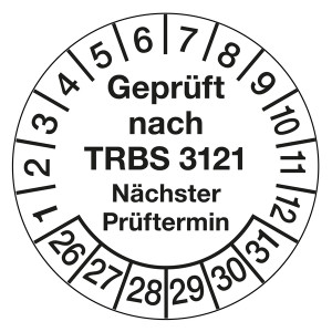 Prüfplaketten Ø 30 mm "Geprüft nach TRBS 3121 Nächster Prüftermin" aus PVC-Folie 10 Stück/Bogen