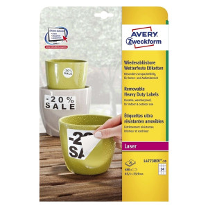 Avery Zweckform® L4773REV-20 Wetterfeste Etiketten (A4, 480 Stück, ablösbar, 33,9 x 63,5 mm) 20 Blatt weiß