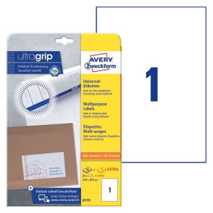 Avery Zweckform® 6119 Universal-Etiketten, 210 x 297 mm, 30 Bogen/30 Etiketten, weiß