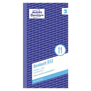Avery Zweckform® 832 Bonbuch, Kompaktblock, mit Kellner-Nr., 2 x 50 Blatt, gelb