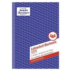 Avery Zweckform® 1771 Lohnarbeit-Nachweis, DIN A5, selbstdurchschreibend, 3 x 40 Blatt, weiß, gelb, rosa
