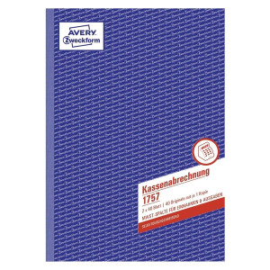 Avery Zweckform® 1757 Kassenabrechnung, 1.& 2.Bl. bedr. MwSt.-Spalte Ein-Ausgaben, SD, DIN A4, 2x40Bl.