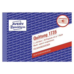Avery Zweckform® 1735 Quittung MwSt. separat ausgewiesen, DIN A6 quer, fälschungssicher, 2 x 40 Blatt, weiß, gelb