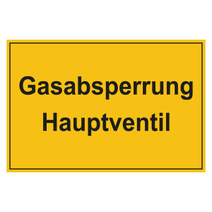 Hinweisschild "Gasabsperrung Hauptventil" Folie selbstklebend, 300 x 200 mm