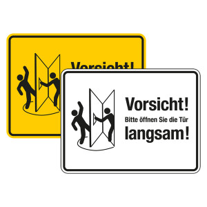 Türschild "Vorsicht! Bitte öffnen Sie die Tür langsam!" Tür nach links