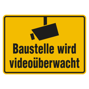 Hinweisschild "Baustelle wird videoüberwacht" Aluminium geprägt und gelocht 350 x 250 mm