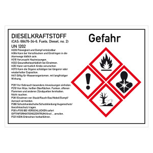 GHS-Kraftstoffetikett Dieselkraftstoff UN1202, Folie selbstklebend, 210 x 148 mm, Einzeletikett