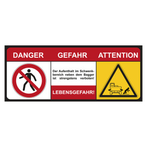 Bagger-Schild "Danger Gefahr Attention Lebensgefahr" 500 x 200 mm