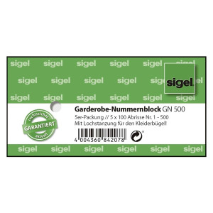 Sigel® Garderobe-Nummernblock - nummeriert 1-500, 105 x 50 mm, 5 x 100 Stück, 2-fbg. sortiert