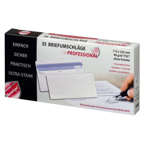 PROFESSIONAL Briefumschlag - 112 x 225 mm, o. Fenster, weiß, 90 g/qm, Innendruck, Revelope-Klebung, 35 Stück