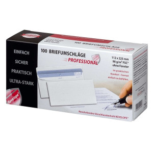 PROFESSIONAL Briefumschlag - 112 x 225 mm, o. Fenster, weiß, 90 g/qm, Innendruck, Revelope-Klebung, 100 Stück