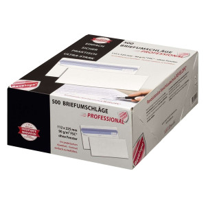 PROFESSIONAL Briefumschlag - 112 x 225 mm, o. Fenster, weiß, 90 g/qm, Innendruck, Revelope-Klebung, 500 Stück