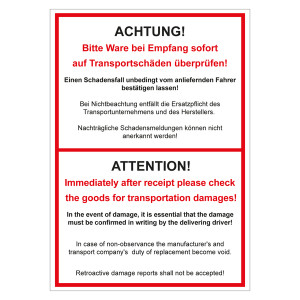 Paketaufkleber Achtung! Bitte Ware bei Empfang sofort überprüfen, deutsch/englisch