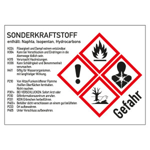 GHS-Kraftstoffetikett Sonderkraftstoff 105 x 74 mm für Zapfsäulen, Kanister und Fässer