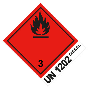 Gefahrzettel Gefahrgutaufkleber Klasse 3 Entzündbare, flüssige Stoffe mit UN 1202 DIESEL Flamme Schwarz