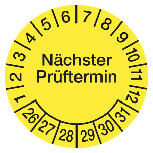 Prüfplaketten gelb Ø 30 mm "Nächster Prüftermin" 500 Stück in Spenderbox