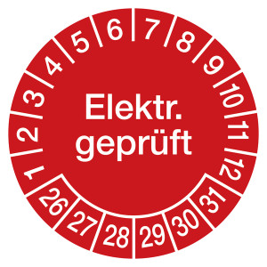 Prüfplaketten rot Ø 30 mm "Elektr. geprüft" 500 Stück in Spenderbox