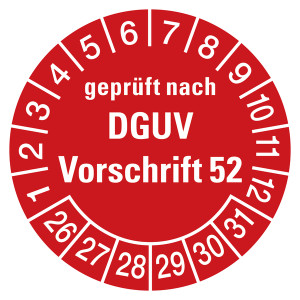 Prüfplaketten rot Ø 30 mm "geprüft nach DGUV Vorschrift 52" aus PVC-Folie 10 Stück/Bogen