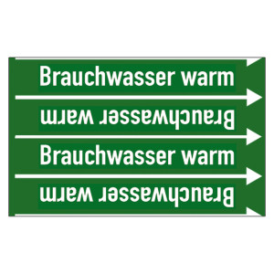 Rohrleitungskennzeichen Brauchwasser warm für Rohrleitungen ab Ø 10 mm (3/8 Zoll), Folie selbstklebend 90 mm x 33 m auf Rolle