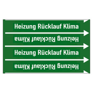 Rohrleitungskennzeichen Heizung Rücklauf Klima für Rohrleitungen ab Ø 10 mm (3/8 Zoll), Folie selbstklebend 90 mm x 33 m auf Rolle