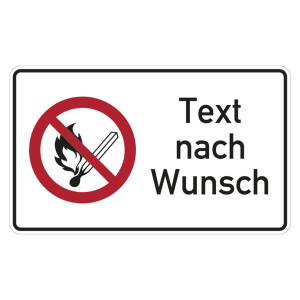 Verbotsschild Feuer, offenes Licht und Rauchen verboten mit Wunschtext