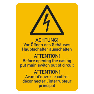 Warnschild "Achtung! Vor Öffnen des Gehäuses Hauptschalter ausschalten" 3-sprachig Folie selbstklebend