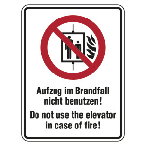 Verbotsschild Aufzug im Brandfall nicht benutzen 2-sprachig